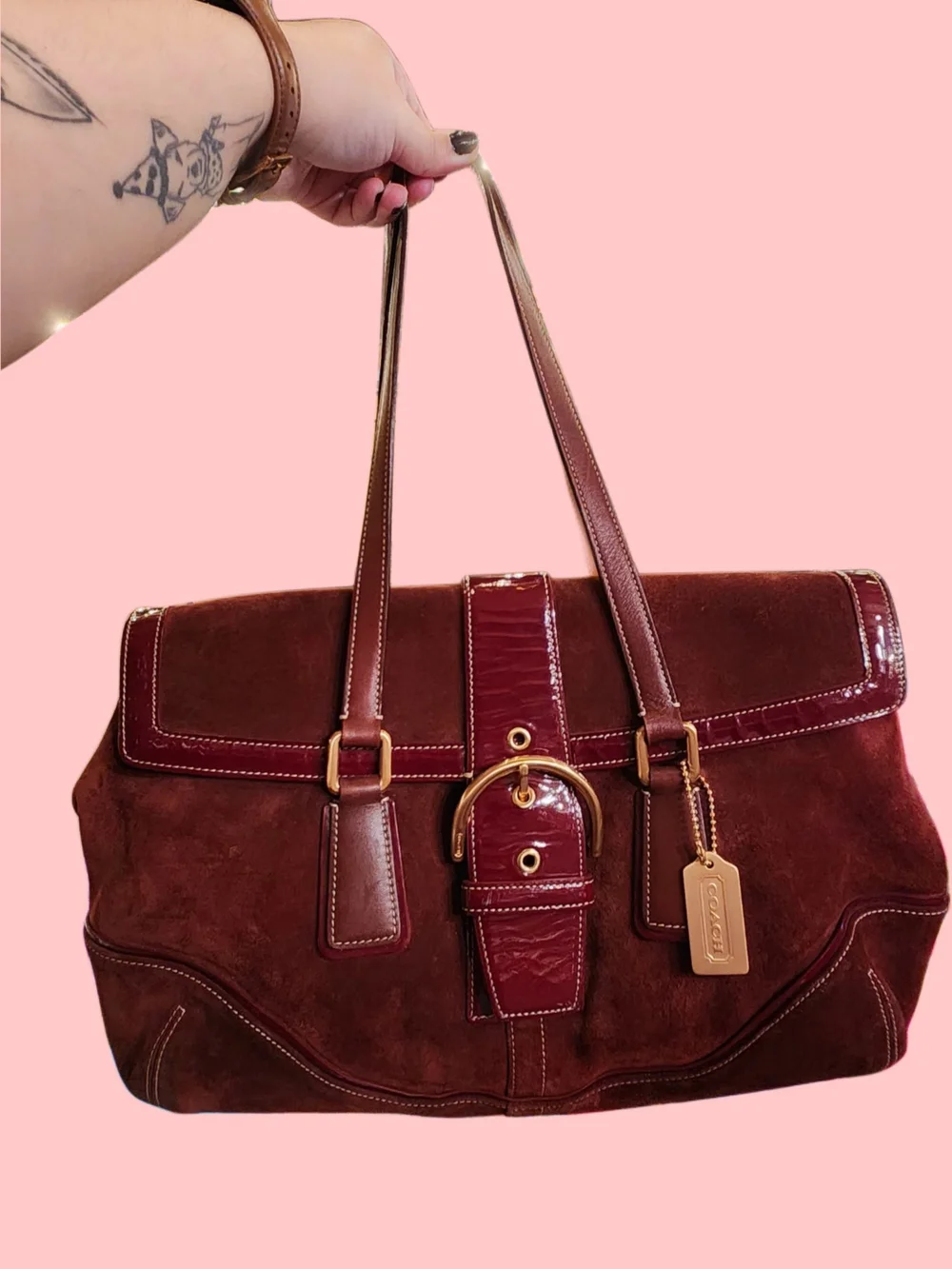 Coach Burgundy Soho Suede & Patent Leather Shoulder Bag with Gold Hardware